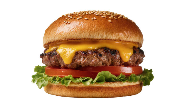 Juicy beef burger with melted cheese fresh tomato and lettuce, isolated on transparent background