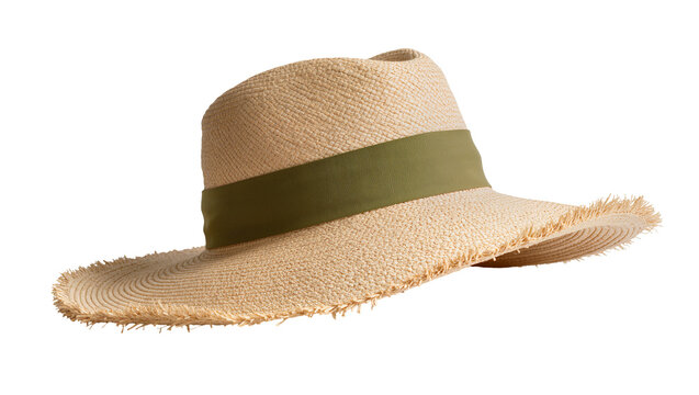 Natural woven straw fedora hat with olive green ribbon band frayed brim, isolated on transparent background