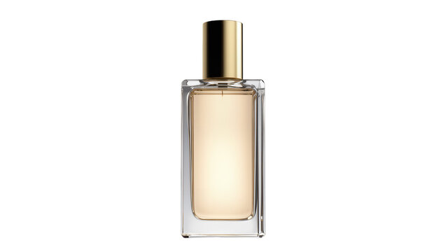 Rectangular glass perfume bottle with golden cap filled with light amber liquid, isolated on transparent background