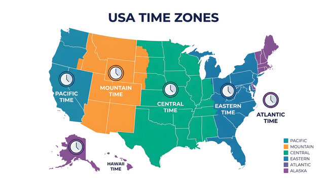 Map of the United States illustrating the different time zones across the contiguous states, Alaska, and Hawaii.