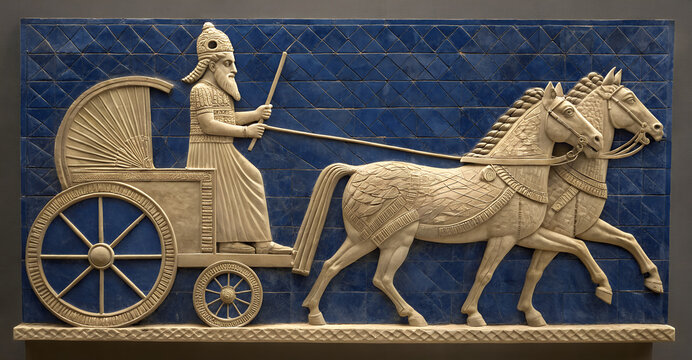 Ancient mesopotamian relief sculpture of a king in a chariot with two horses on blue background
