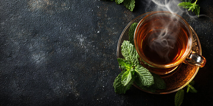 Arabic Mint Tea Glass with Steam and Fresh Mint Leaves