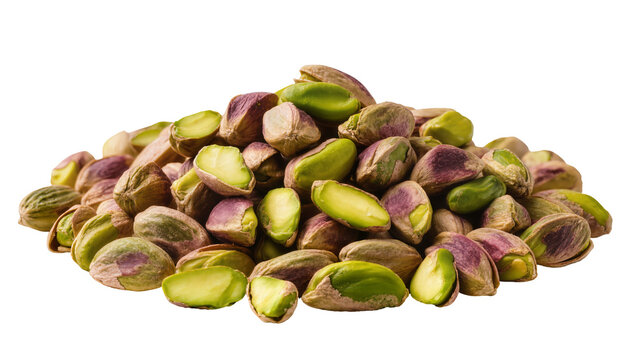 Pile of shelled pistachios with green and purple hues, isolated on transparent background