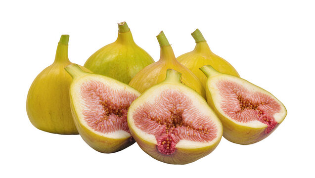 Yellow figs some halved revealing pink flesh, isolated on transparent background