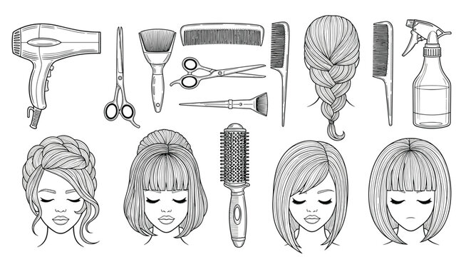 Collection of hand-drawn sketches featuring professional hairdressing tools and various womens hairstyles in a detailed vintage ink style.