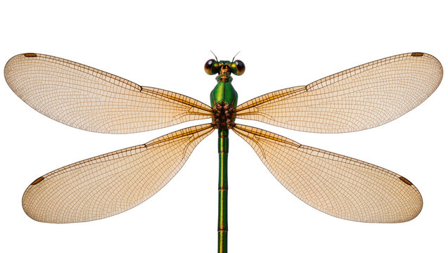 Green damselfly with large translucent wings, isolated on transparent background