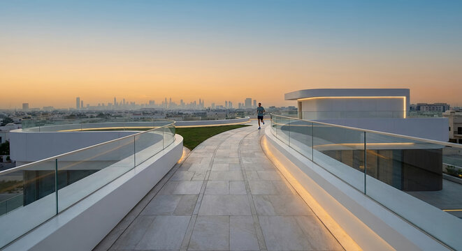 A lone man jogs on a modern rooftop terrace overlooking a city skyline at sunrise.