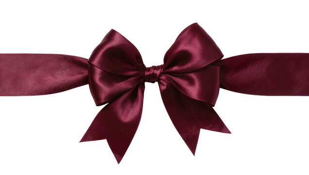 Deep red satin ribbon bow tied around a gift, isolated on transparent background