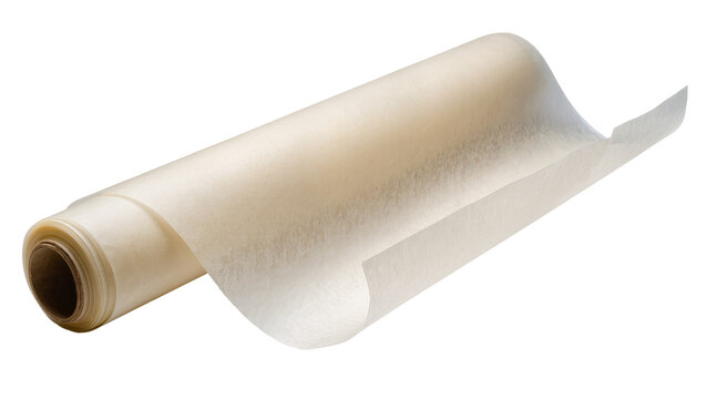 Unrolled parchment paper roll with cardboard core, isolated on transparent background