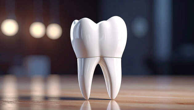 A gleaming white molar tooth with pronounced roots is positioned centrally on a wooden surface, with out-of-focus