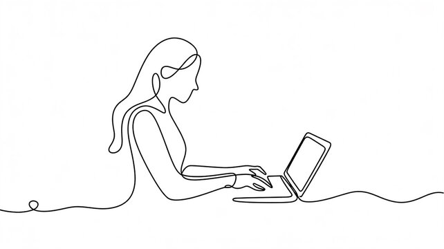A minimalist line drawing illustration in black and white showing a person working on a laptop