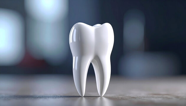 A single, perfectly white, polished human molar tooth with visible roots stands upright on a textured grey surface
