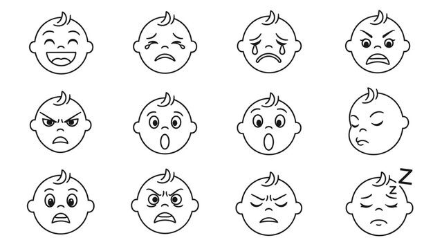 Vector icon set of baby faces with different expressions, such as happy, sad, angry.