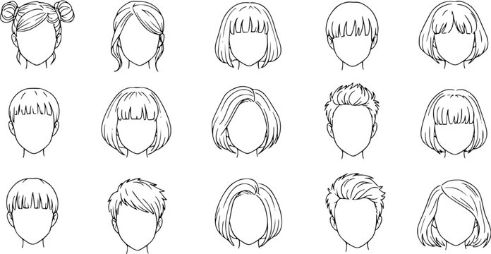 Anime Manga Hairstyle Collection: Diverse set of female and male character haircuts, featuring bobs, updos, short, and long styles, rendered as line art with blank faces for design.