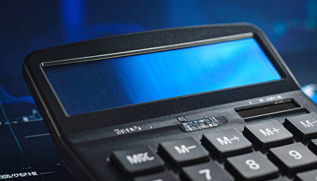 Close up of a black electronic calculator with a bright blue reflective display screen and numeric keypad