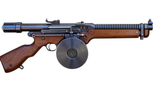 Vintage submachine gun with wooden stock and drum magazine, isolated on transparent background