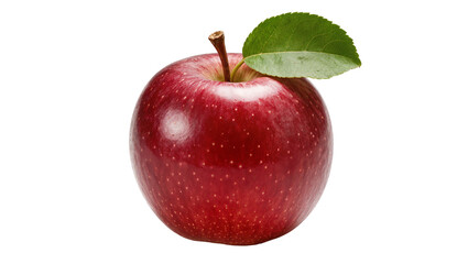 Shiny red apple with green leaf and stem, isolated on transparent background