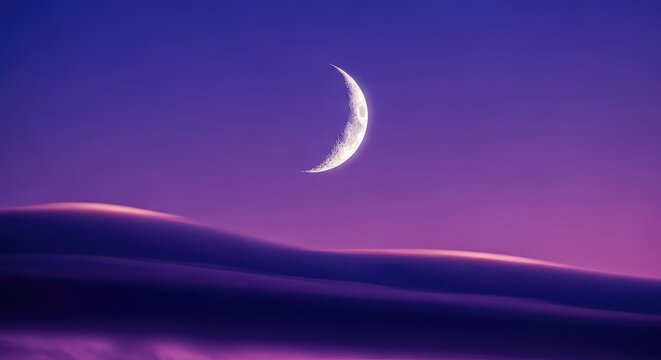 A slim silver crescent moon shines brightly above rolling violet clouds at dusk, creating a mystical and serene celestial night sky scene, space, wallpaper, horizon