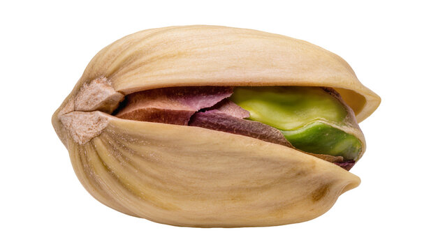Single pistachio nut with green kernel and purple skin, isolated on transparent background