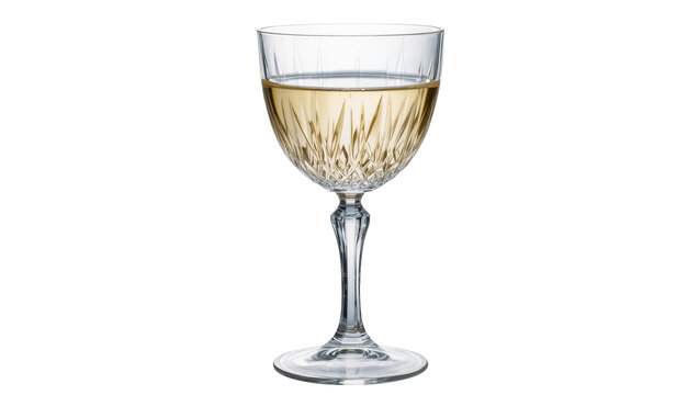 Clear crystal wine glass filled with pale yellow liquid, isolated on transparent background