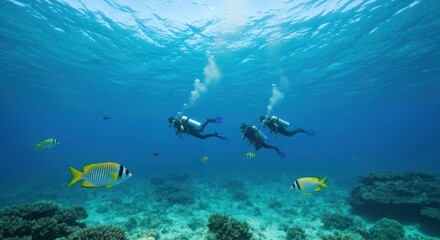 Obraz premium Divers explore underwater, amidst coral and colorful fish, bubbles rising