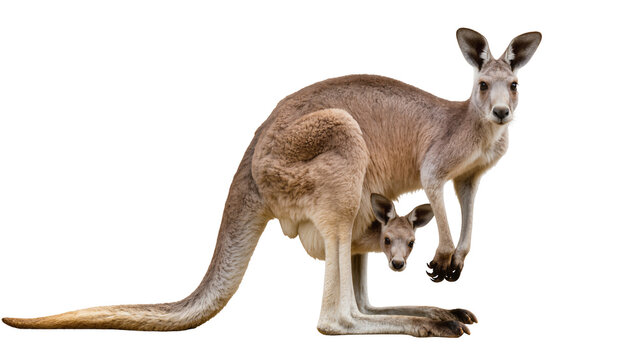 Mother kangaroo with joey in pouch, isolated on transparent background