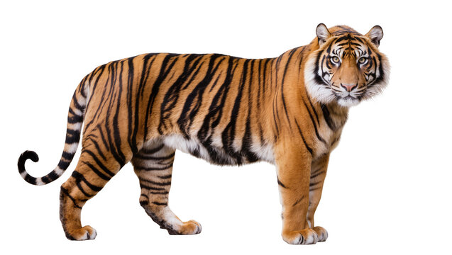 Majestic Bengal tiger with black stripes standing alert, isolated on transparent background