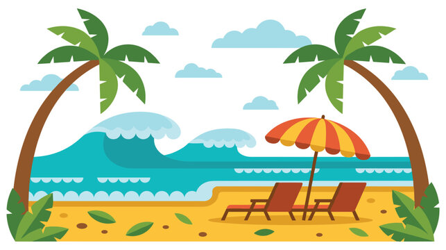 Colorful beach landscape illustration with palm trees and big ocean waves in flat design.