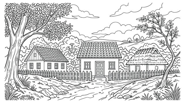 Country village landscape with houses and wooden fence under big trees coloring book page.