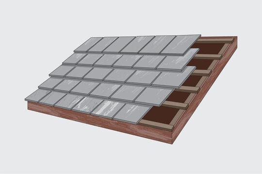 Vector illustration of layered roof shingles installed on a wooden structure.