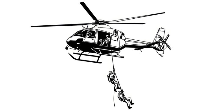 Helicopter with rescuers descending black and white illustration