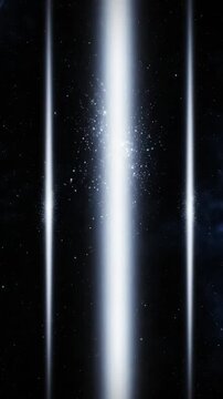 Vertical soft white light rays drifting in deep space