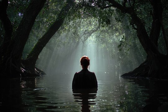 Woman in dark clothes stands in murky water under dappled forest light