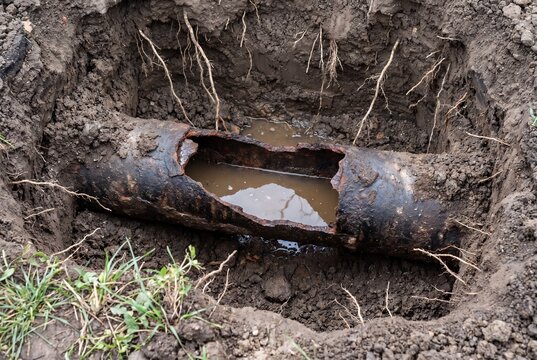 Damaged underground metal pipe leaking water in a dirt trench