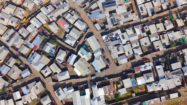 op-down aerial view of informal settlement in Chile &ndash; dense housing pattern
