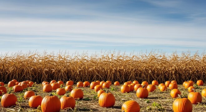 A sunlit autumn farm scene featuring a vibrant pumpkin patch with round orange gourds scattered across a field near tall golden cornstalks, vegetable, seasonal, gourd