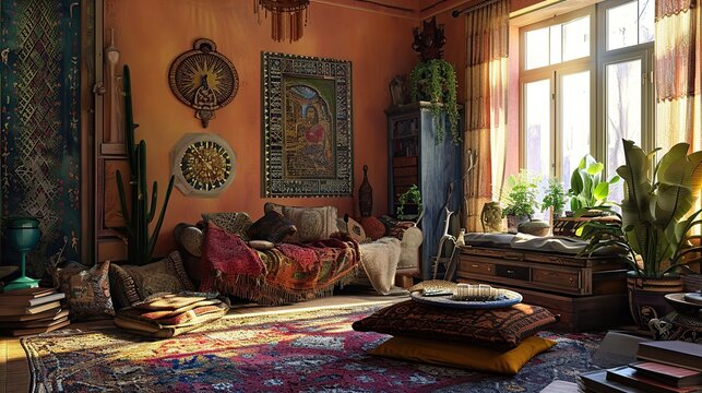 Warm Bohemian Living Room with Lush Plants, Floor Seating, and Sunlit Windows