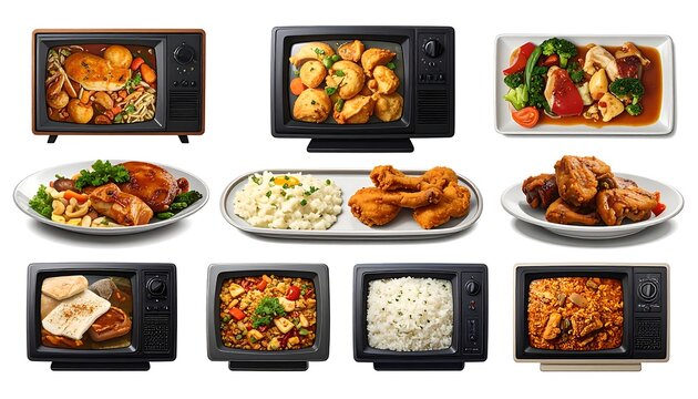 Various cooked meals displayed on white plates and black toasters