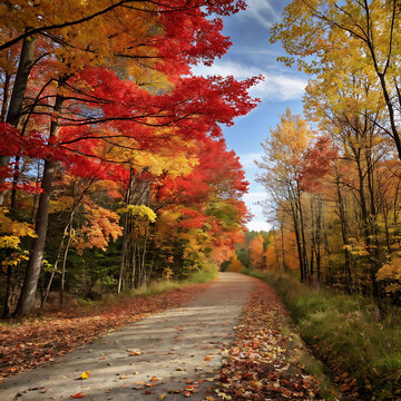 Autumn forest path with colorful fall foliage