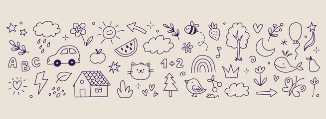 Minimal hand drawn kids doodles pattern, cute cartoon cat face line illustration, hand drawn sun cloud rainbow doodle background, expressive strokes watermelon seamless art, children nursery school bl © pankaj