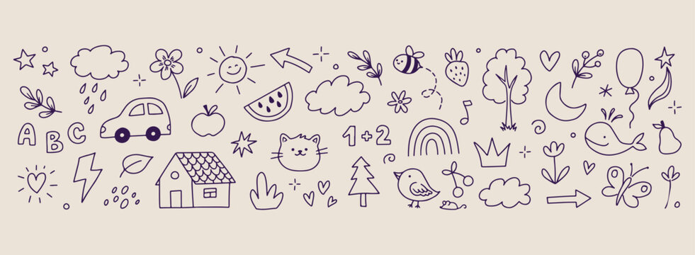Minimal hand drawn kids doodles pattern, cute cartoon cat face line illustration, hand drawn sun cloud rainbow doodle background, expressive strokes watermelon seamless art, children nursery school bl