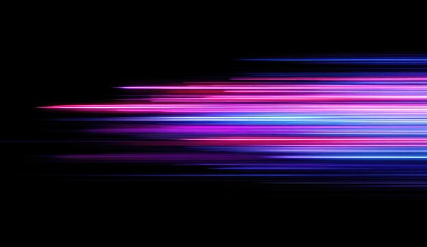 Streaks of vibrant pink and blue light race across a black background