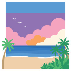 Fototapeta premium Tropical beach sunset with palm trees and ocean waves, vibrant colors and calm sea.