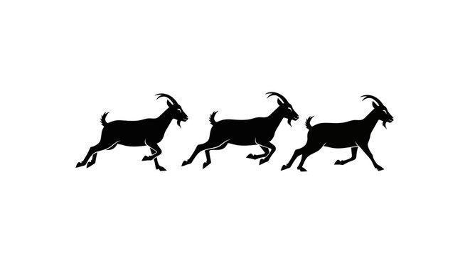Three Black Goat Silhouettes Running in a Line on White Background