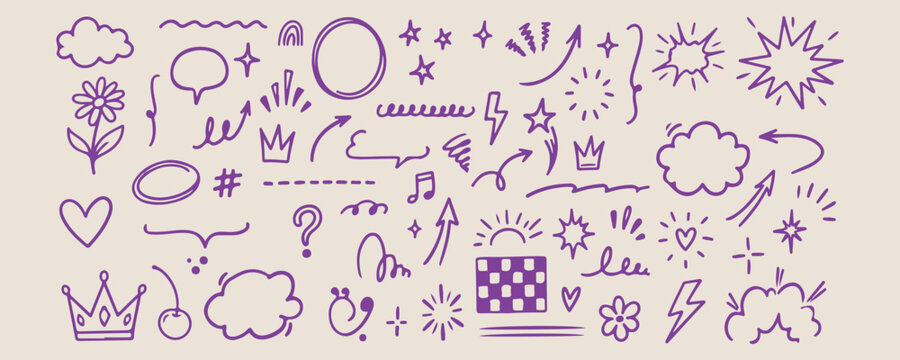 Minimal hand drawn abstract shapes pattern, creative circles lightning crown line illustration, hand drawn star music notes doodle background, expressive strokes dots seamless art, decorative variety 