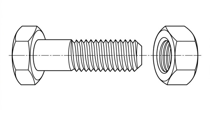 Bolt and nut exploded view vector illustration mechanical fastener diagram isolated on white