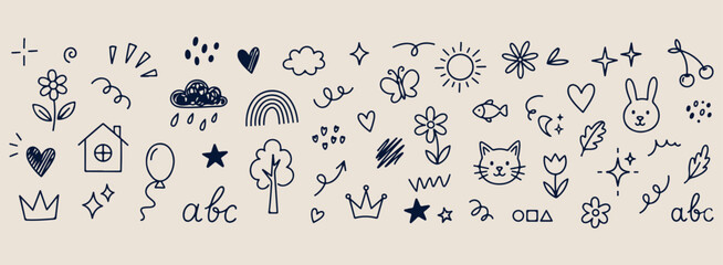 Minimal hand drawn kids doodles set, cute heart rainbow sun line illustration, hand drawn flower butterfly doodle background, expressive strokes crown cloud elements, creative children nursery black l © pankaj