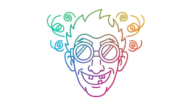 Crazy scientist with goggles and messy hair, rainbow colors, humor, quirky character