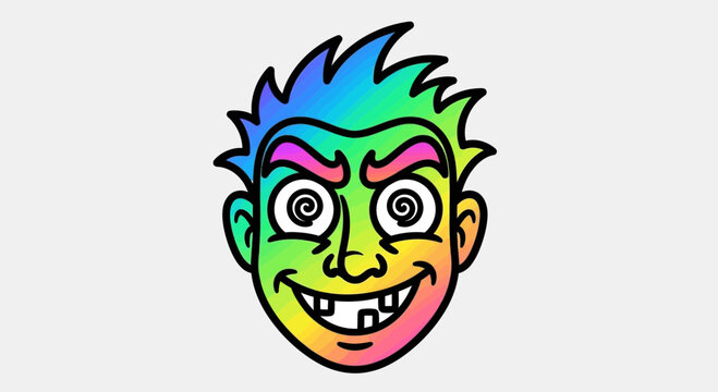Crazy Rainbow Face with Swirl Eyes and Missing Teeth - Cartoon Style