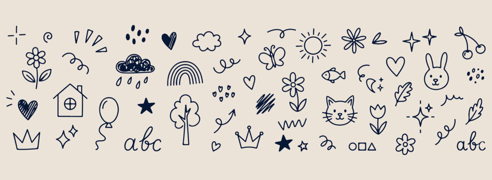 Minimal hand drawn kids doodles set, cute heart rainbow sun line illustration, hand drawn flower butterfly doodle background, expressive strokes crown cloud elements, creative children nursery black l